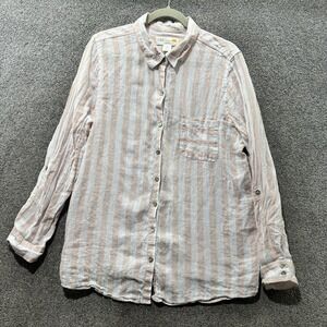 C & C California Linen Button‎ Up Top Women XL Pink Striped Long Sleeve Shirt